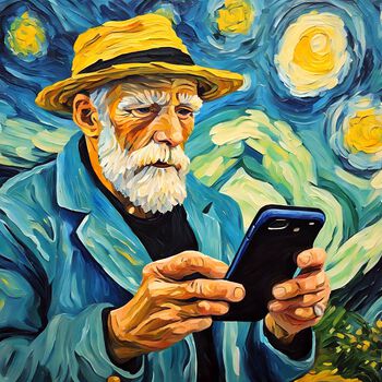 mit KI erstelltes Bild eines älteren Menschen mit einem Smartphone